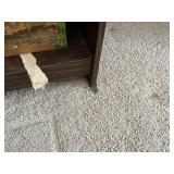 Dark Wood Display Cabinet with Two-Tier Open Storage - Includes Vintage Blue Rock Tea Tin