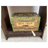 Dark Wood Display Cabinet with Two-Tier Open Storage - Includes Vintage Blue Rock Tea Tin