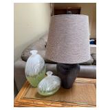 Table Lamp with Beige Shade & Green Murano Style Glass Pillow Vases - 3-Piece Decor Set