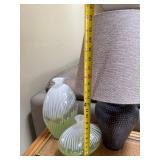 Table Lamp with Beige Shade & Green Murano Style Glass Pillow Vases - 3-Piece Decor Set