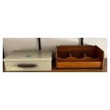 Locking Metal Cash Box with Handle & Wooden Desk Organizer Tray