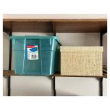 Rubbermaid Teal Storage Tote & Assorted Fabric & Cardboard Boxes