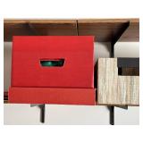 Rubbermaid Teal Storage Tote & Assorted Fabric & Cardboard Boxes