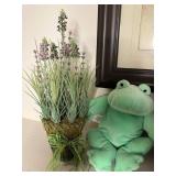 Framed 9-Panel Floral Wall Art Collage - Assorted Vintage Prints w Plush Toy Frogs & Floral Arrangement