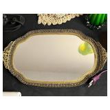 Vintage Vanity Lot Inc Pier 1 Art Glass Vase, Vanity Mirror Tray, Cigarette Cases, Marigold Carnival Glass Deer Covered Dish, BaByliss Paris Type Hair Curling Iron & More!