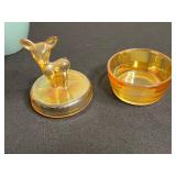 Vintage Vanity Lot Inc Pier 1 Art Glass Vase, Vanity Mirror Tray, Cigarette Cases, Marigold Carnival Glass Deer Covered Dish, BaByliss Paris Type Hair Curling Iron & More!