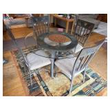 Round Glass Dining Table & 4 Cushioned Metal Chairs - rug not inc