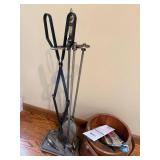 Vintage Fireplace Tool Set on Stand with Wooden Coal Bucket