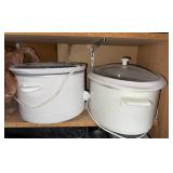 Two White Crockpots, Crisa Handblown Glassware Box, Gray Storage Container