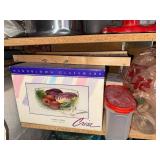 Two White Crockpots, Crisa Handblown Glassware Box, Gray Storage Container