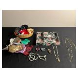 Jewelry Assortment: Faux Pearl Necklace, Heart Pendant, Floral Brooches, Empty Jewelry Bags, Floral Organizer & More