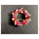 Jewelry Assortment: Faux Pearl Necklace, Heart Pendant, Floral Brooches, Empty Jewelry Bags, Floral Organizer & More