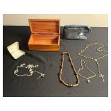 Simmer Home Furnishings Cedar Jewelry Chest (no key) with Rosaries (one w broken chain) & Cross Pendants