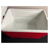 Coleman Cooler - Red Body with White Lid and Four Cup Holders, Ice Cleats & Sony Headphhones