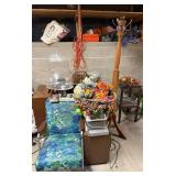 Vintage Floral Upholstered Lounge Chair & Glass Dome Lamp, Coat Rack, Decor