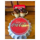 Coke Lot. Tin Sign, Tiny Tin Sign and Salt and Pepper Shakers Coke Lot. Tin Sign, Tiny Tin Sign and Salt and Pepper Shakers