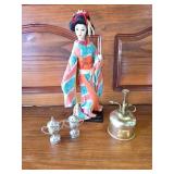 Japanese Doll, Salt & Pepper, and Vintage Small Brass Oil Can Japanese Doll, Salt & Pepper, and Vintage Small Brass Oil Can