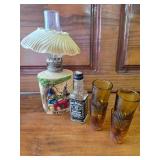 Small Oil Lamp, 4 Tiny Shot Glasses and A Small Jack Daniels Bottle Small Oil Lamp, 4 Tiny Shot Glasses and A Small Jack Daniels Bottle