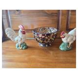 Glass Mosaic Bowl, Chicken Figurines Glass Mosaic Bowl, Chicken Figurines