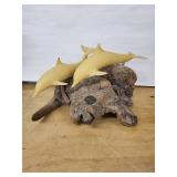 Pair of Yellow Shark Sculptures on Rock Base Coastal Nautical Decor