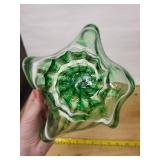 Green Glass Bowl with White Swirl - Ruffled Edge Art Glass