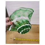 Green Glass Bowl with White Swirl - Ruffled Edge Art Glass
