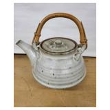 Ceramic Teapot with Bamboo Handle - Gray Speckled Earthenware, Lidded
