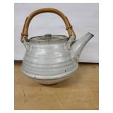 Ceramic Teapot with Bamboo Handle - Gray Speckled Earthenware, Lidded