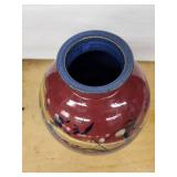 Vase - Red Glazed Ceramic with Blue Interior & Abstract Stripe Motif, ~9in Tall