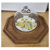 Goodwood Floral Plate Under Glass Cloche on Octagonal Wood Stand - Made in Japan