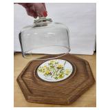 Goodwood Floral Plate Under Glass Cloche on Octagonal Wood Stand - Made in Japan