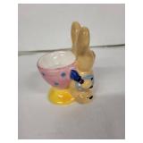 Vintage Ceramic Bunny Egg Cup - Pink Cup with Blue Dots, Yellow Base