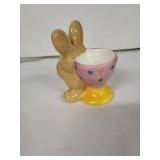 Vintage Ceramic Bunny Egg Cup - Pink Cup with Blue Dots, Yellow Base