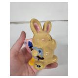 Vintage Ceramic Bunny Egg Cup - Pink Cup with Blue Dots, Yellow Base