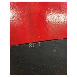 Abstract Circular glass Wall Sculpture - Red Disc with Black Crescent & Grey Panel