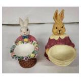 Vintage Bunny Easter Egg Cups - Ceramic Rabbits with Floral Basket (Lot of 2)
