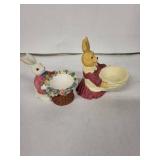 Vintage Bunny Easter Egg Cups - Ceramic Rabbits with Floral Basket (Lot of 2)