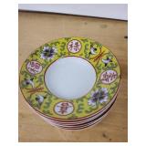 Chinese Porcelain Plates & Spoons Set - Yellow Floral Shou Pattern, 9 Plates & 5 Spoons
