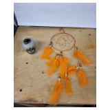 Vase from Cozumel Mexico with Sun Face Motif & Orange Dreamcatcher