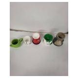 Egg Cups - Vintage Ceramic 5-Piece Set (Green Teapot, Leg Mug, Red Barrel, Green Drip, Flower Figurine)