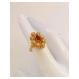 Gold Tone Sterling Silver Red Marquise & Clear Stone Cocktail Ring Size 7