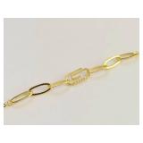 Sterling Silver 925 Gold Tone Paperclip Chain Bracelet w/ Clear Stone Accent Adjustable