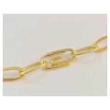 Sterling Silver 925 Gold Tone Paperclip Chain Bracelet w/ Clear Stone Accent Adjustable