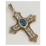 Sterling Silver 925 Blue Stone Marcasite Ornate Cross Pendant Marked KD