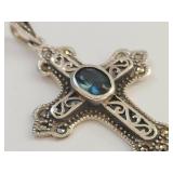 Sterling Silver 925 Blue Stone Marcasite Ornate Cross Pendant Marked KD