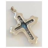 Sterling Silver 925 Blue Stone Marcasite Ornate Cross Pendant Marked KD