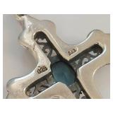Sterling Silver 925 Blue Stone Marcasite Ornate Cross Pendant Marked KD