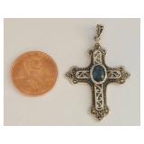 Sterling Silver 925 Blue Stone Marcasite Ornate Cross Pendant Marked KD