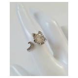 Sterling Silver S925 Cat & Crescent Moon Open Ring Clear Stone US Size 7