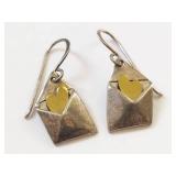 Sterling Silver Envelope Heart Dangle Earrings Artisan Signed EF Two Tone